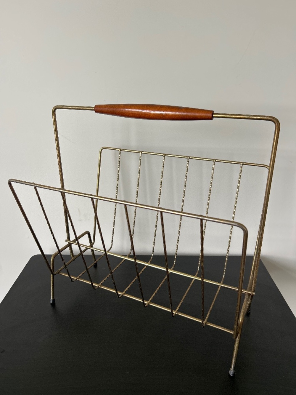 MCM 60s Retro Brass Wire Magazine Rack with Teak Handle